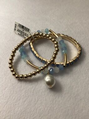 On 34th Gold-Tone 3pc Multi-Strand Bracelet with Blue Beads & Pearl Charm